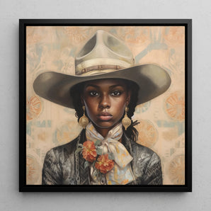 Letitia - Black Lesbian Cowgirl Art Framed Canvas, 12x12’’ / 31x31cm / Floating Frame, Portrait Young Black Woman Wide-brimmed Cowboy Hat