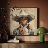 Letitia - Black Lesbian Cowgirl Art Framed Canvas, Portrait Person Wide-brimmed White Hat Silver Jacket Floral