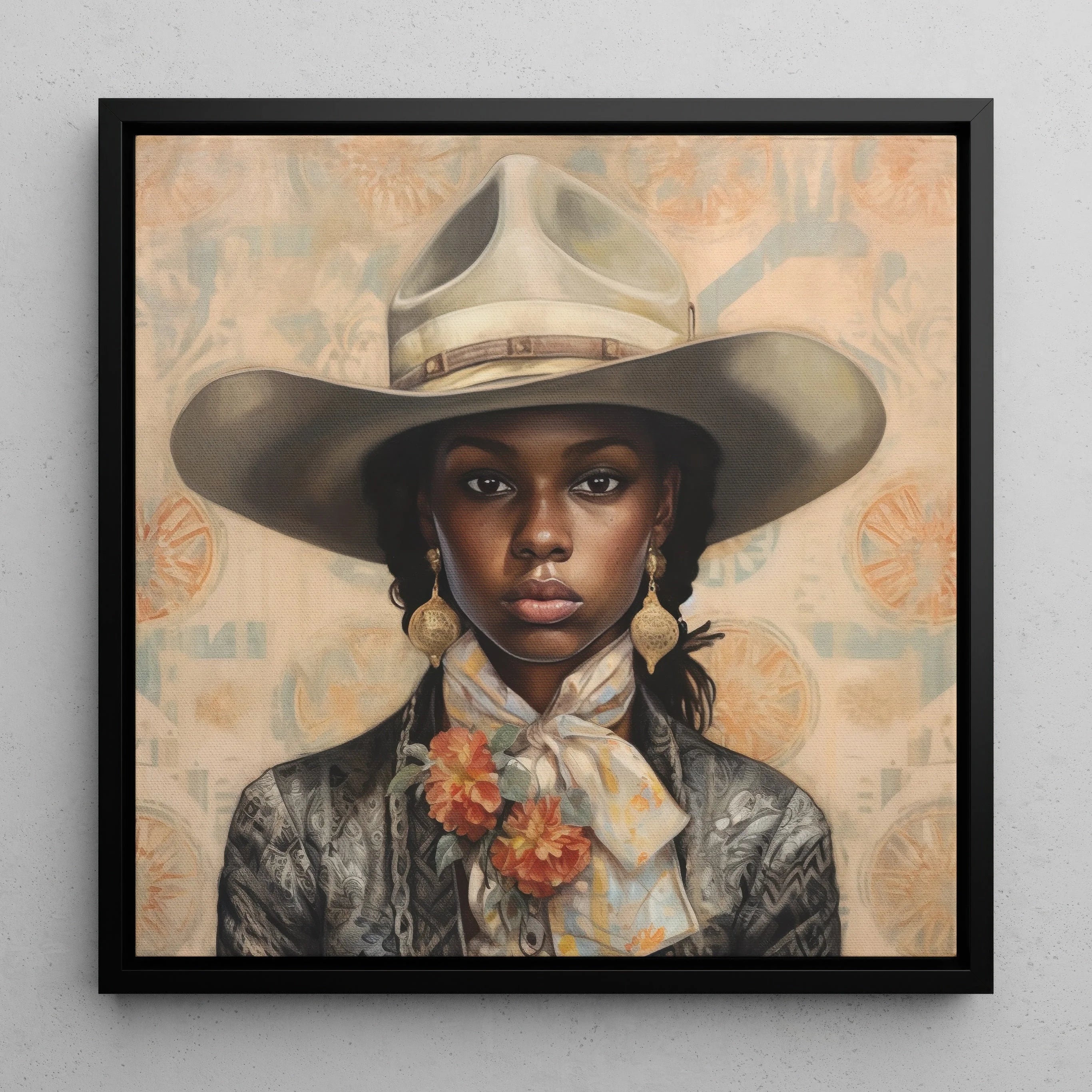 Letitia Black Lesbian Cowgirl Art Framed Canvas, Portrait Young Black Woman Wide Brimmed Cowboy Hat Ornate