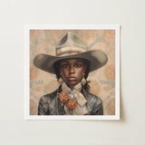Letitia - Black Lesbian Cowgirl Art Print / Canvas Framed Portrait Woman Wide-brimmed Beige Hat Ornate Earrings, Elegant Outlaw Reminding,