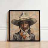 Framed Portrait Woman Wide-brimmed Beige Hat Ornate Silver Lesbian Cowgirl Art, Elegant Outlaw Reminding, Black