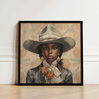 Framed Portrait Woman Wide-brimmed Beige Hat Ornate Silver Lesbian Cowgirl Art, Elegant Outlaw Reminding, Black