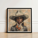 Framed Portrait Woman Wide-brimmed Hat Floral Scarf Rendered Lesbian Cowgirl Art, Elegant Outlaw Reminding, Black