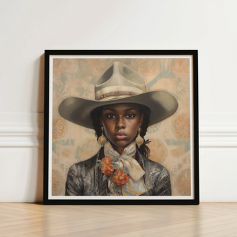Framed Portrait Woman Wide-brimmed Hat Floral Scarf Rendered Lesbian Cowgirl Art, Elegant Outlaw Reminding, Black