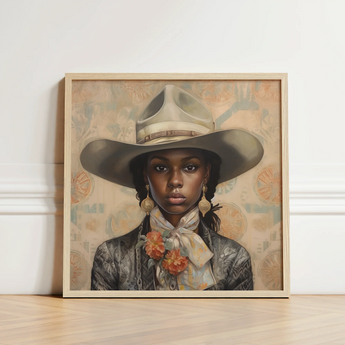 Framed Portrait Woman Wide-brimmed Beige Hat Ornate Silver Lesbian Cowgirl Art, Elegant Outlaw Reminding, Black