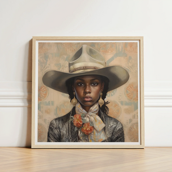 Framed Portrait Woman Wide-brimmed Hat Floral Scarf Encased Lesbian Cowgirl Art, Elegant Outlaw Reminding, Black