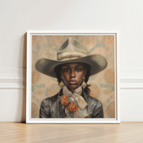 Framed Portrait Woman Wide-brimmed Hat Floral Scarf Encased Lesbian Cowgirl Art, Elegant Outlaw Reminding, Black
