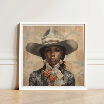 Framed Portrait Woman Wide-brimmed Hat Floral Scarf Encased Lesbian Cowgirl Art, Elegant Outlaw Reminding, Black