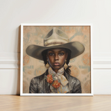 Framed Portrait Woman Wide-brimmed Beige Hat Ornate Earrings Lesbian Cowgirl Art, Elegant Outlaw Reminding, Black