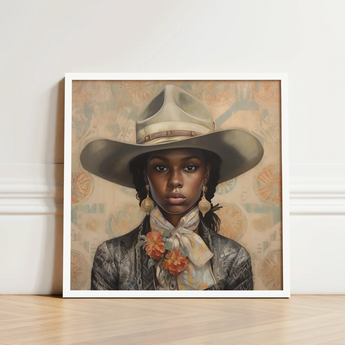 Framed Portrait Woman Wide-brimmed Beige Hat Ornate Earrings Lesbian Cowgirl Art, Elegant Outlaw Reminding, Black