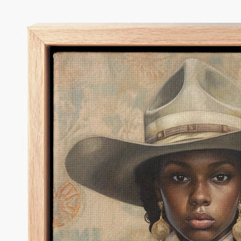 Framed Canvas Painting Woman Off-white Wide-brimmed Hat Gold Lesbian Cowgirl Art, Elegant Outlaw Reminding, Black