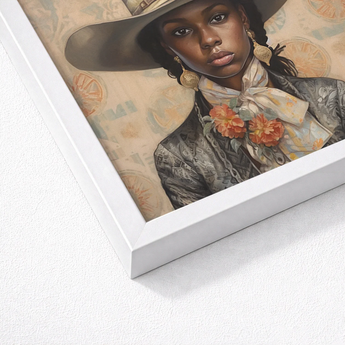 Framed Portrait Woman Wide-brimmed Hat Ornate Earrings Depicted Lesbian Cowgirl Art, Elegant Outlaw Reminding, Black