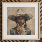 Letitia - Black Lesbian Cowgirl Art Print / Canvas Cowboy Hat Floral Accents White Band Brown Leather Lesbian Cowgirl Art, Elegant Outlaw