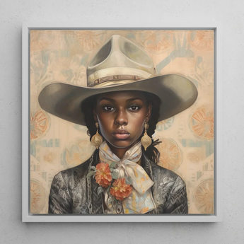 Letitia - Black Lesbian Cowgirl Art Print / Canvas Framed Portrait Woman Off-white Wide-brimmed Hat Brown Band Lesbian Cowgirl Art, Elegant