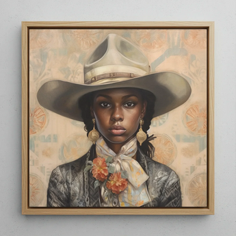 Letitia - Black Lesbian Cowgirl Art Print / Canvas Framed Portrait Woman Off-white Wide-brimmed Hat Brown Band Lesbian Cowgirl Art, Elegant