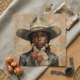 Letitia - Black Lesbian Cowgirl Art Print / Canvas Square Painting Woman Wide-brimmed Beige Hat Patterned, Elegant Outlaw Reminding, Prints