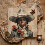 Letitia - Black Lesbian Cowgirl Art Print / Canvas Square Canvas Painting Woman Wide-brimmed Beige Hat Adorned Lesbian Cowgirl Art, Elegant