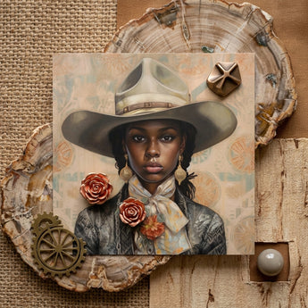 Letitia - Black Lesbian Cowgirl Art Print / Canvas Square Canvas Painting Woman Wide-brimmed Beige Hat Adorned Lesbian Cowgirl Art, Elegant