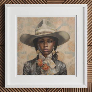 Letitia - Black Lesbian Cowgirl Art Print, Framed Portrait Artwork Figure Gray Cowboy Hat Orange