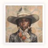 Letitia - Black Lesbian Cowgirl Art Print, Portrait Painting Wide-brimmed Cowboy Hat Floral Bow Tie