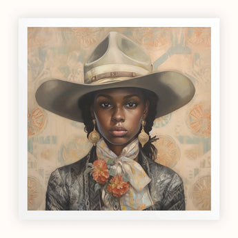 Letitia - Black Lesbian Cowgirl Art Print, Portrait Painting Wide-brimmed Cowboy Hat Floral Bow Tie