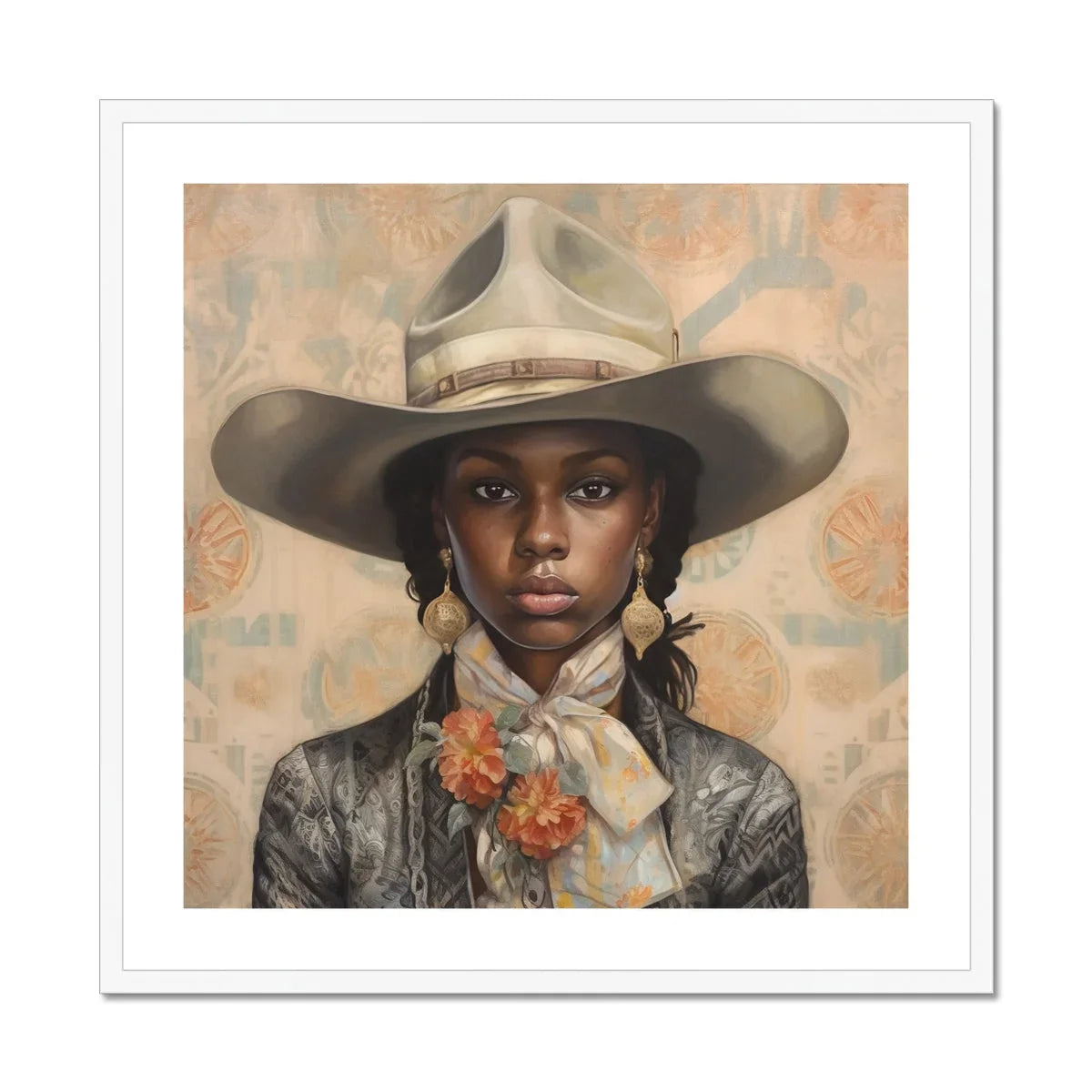 Letitia Black Lesbian Cowgirl Art Print, Portrait Wide Brimmed Cowboy Hat Gray Jacket Floral Necktie