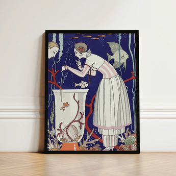 Artistic Framed Poster Woman Elegant White Pink Dress George Barbier’s L’étourdissant, Petit Poisson, Mesmerizing Underwater Realm