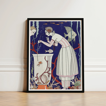Artistic Framed Poster Stylized Illustration Two Women Underwater George Barbier’s L’étourdissant, Petit Poisson, Mesmerizing Realm