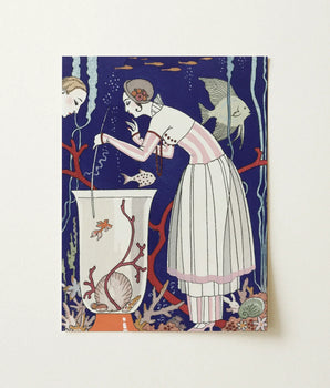 Art Deco-style Illustrated Postcard Woman White Pink Striped George Barbier’s L’étourdissant, Petit Poisson, Mesmerizing Underwater Realm