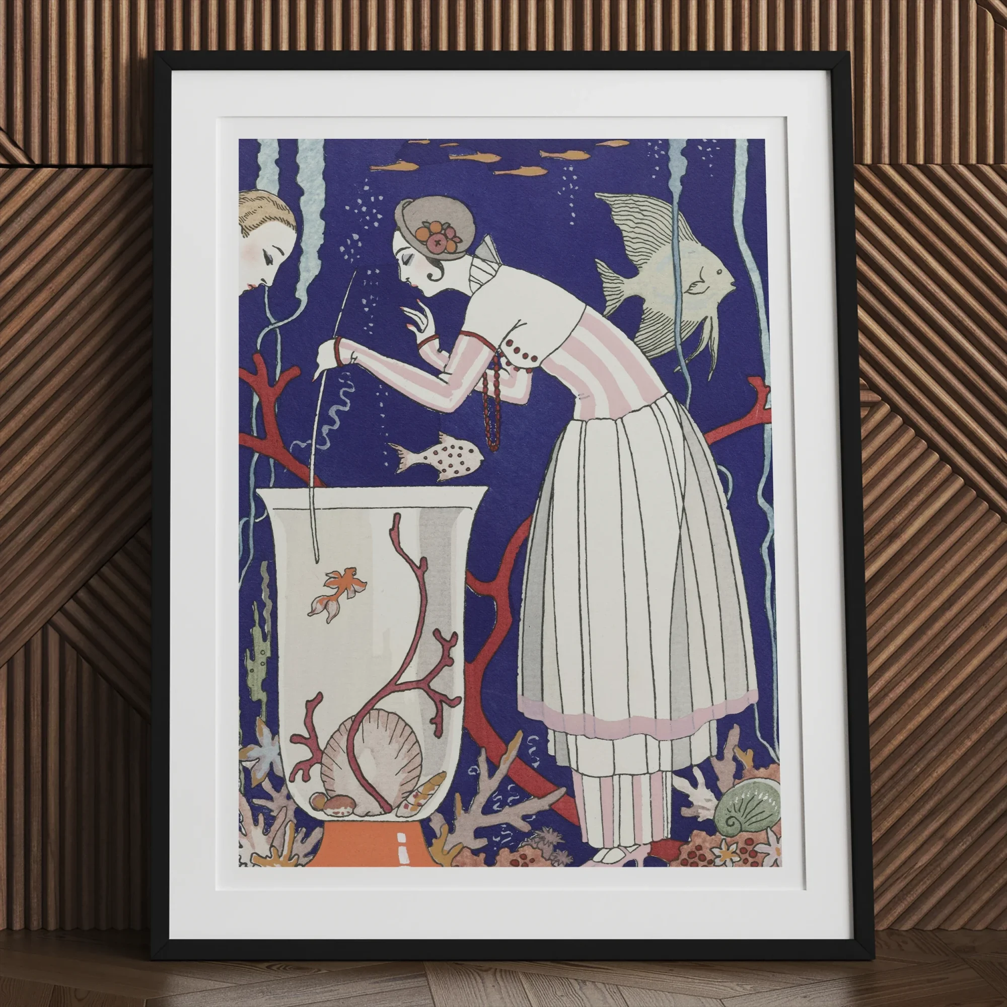 L’étourdissant Petit Poisson - George Barbier Art Print, Framed Art Print Stylized Figure White Dress Fishbowl