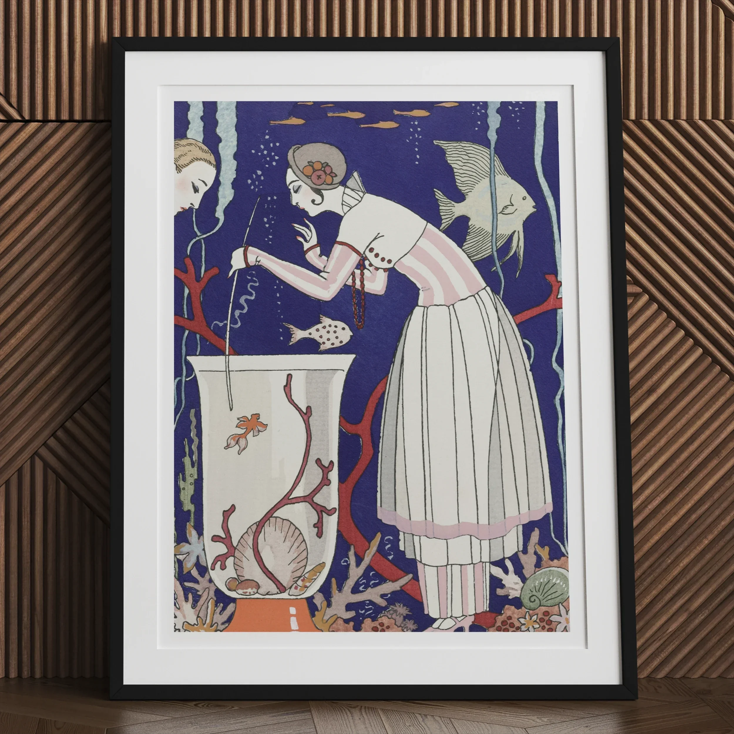 L’étourdissant Petit Poisson - George Barbier Art Print, Framed Art Print Stylized Figure White Dress Fishbowl