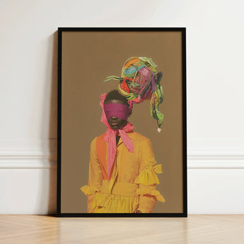 Vibrant Framed Art Print Figure Yellow Dress Pink Afrofuturist Fashion, Vintage