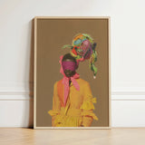 Vibrant Framed Art Print Figure Yellow Dress Pink Afrofuturist Fashion, Vintage