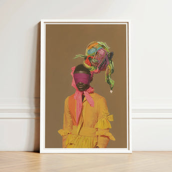 Vibrant Framed Art Print Figure Yellow Ruffled Dress Afrofuturist Fashion, Vintage