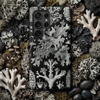 Lichenes Flechten - Ernst Haeckel Phone Case Black Phone Case Intricate Silver Coral Lichen Patterns Haeckel Iphone Case, Ancient Stones,