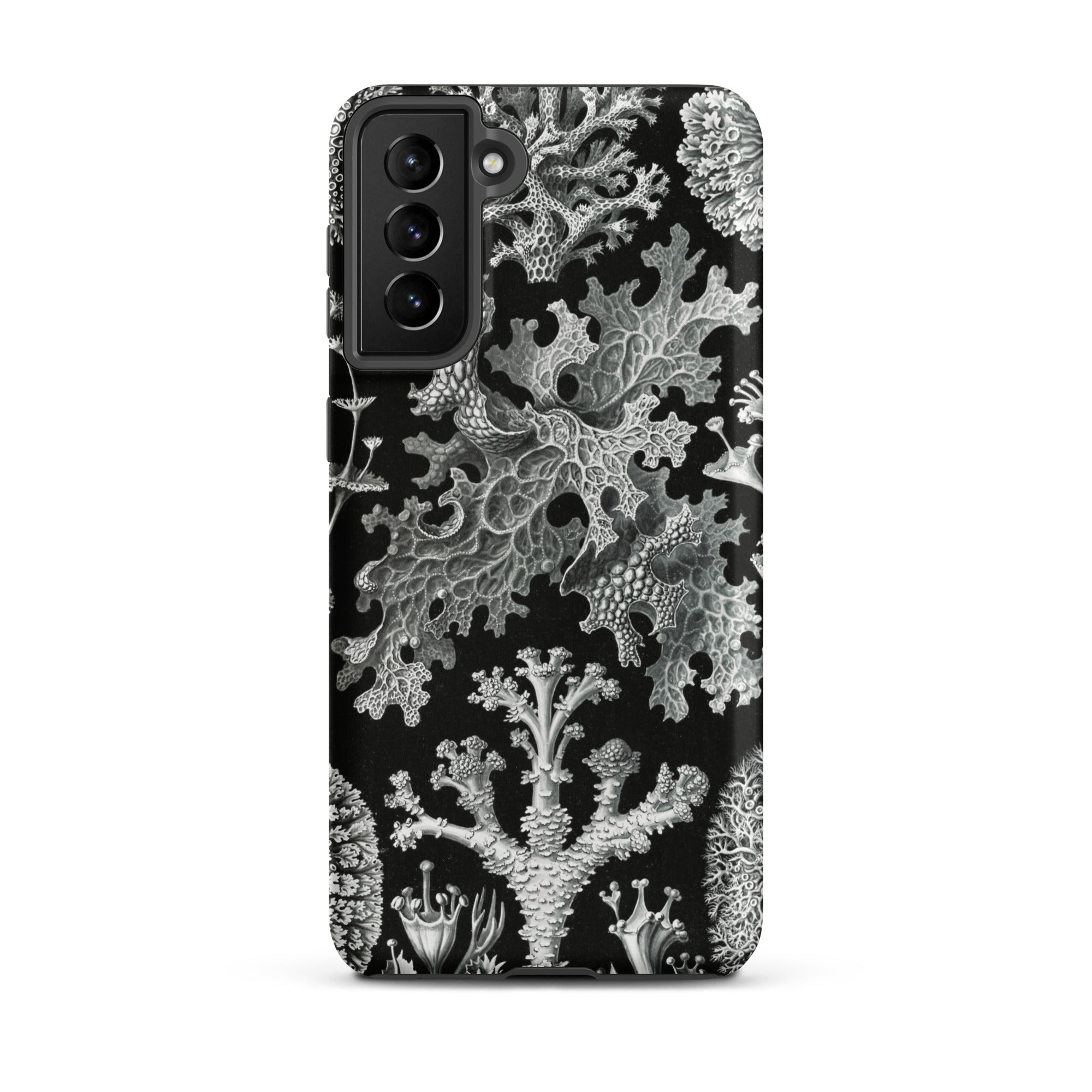 Lichenes Flechten Ernst Haeckel Samsung Case, Galaxy S21 Plus / Matte, Black Smartphone Case Intricate White Coral Lichen Pattern