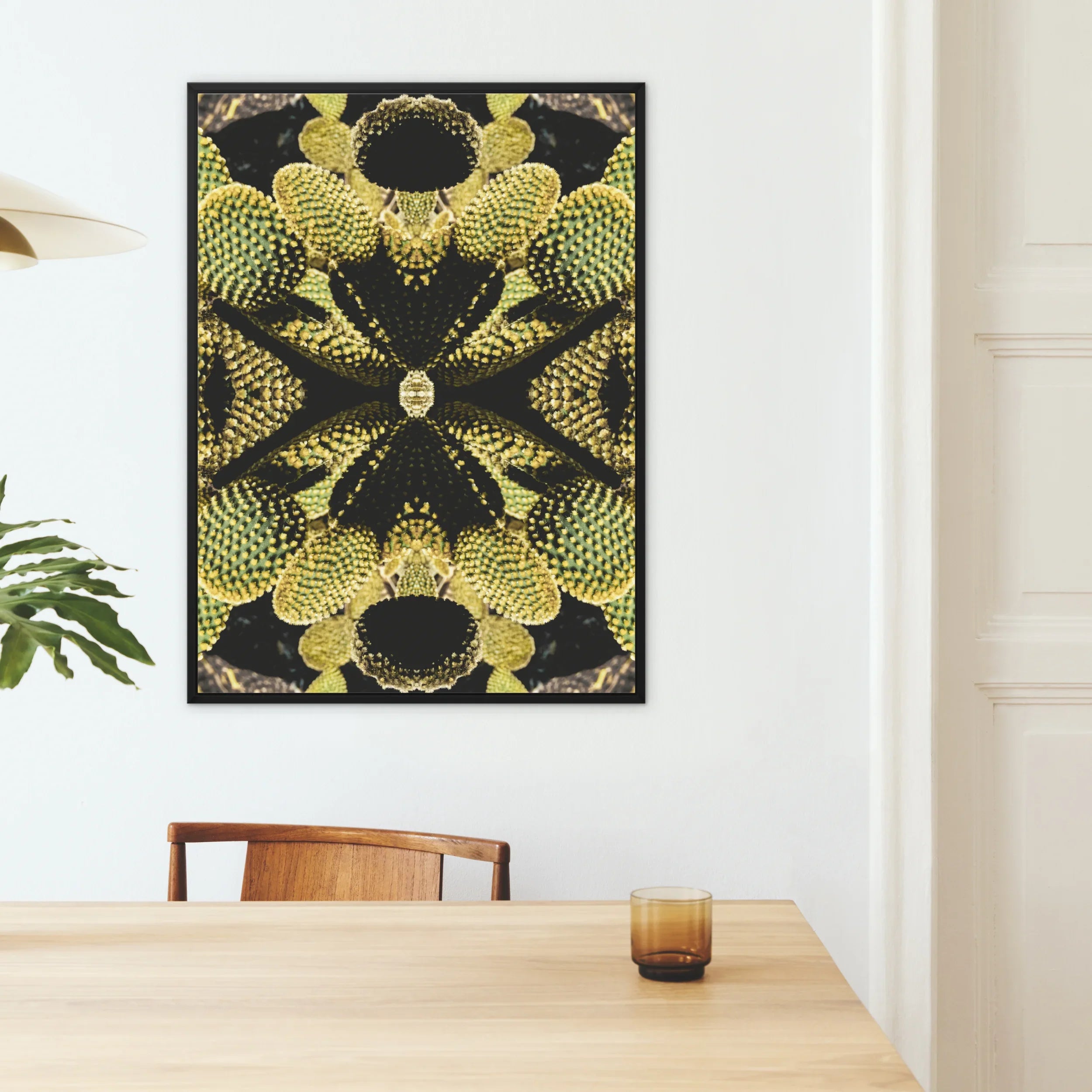 Life on Mars - Succulent Botanical Op Art Framed Canvas, Framed Black Gold Art Piece Symmetrical Floral Botanical