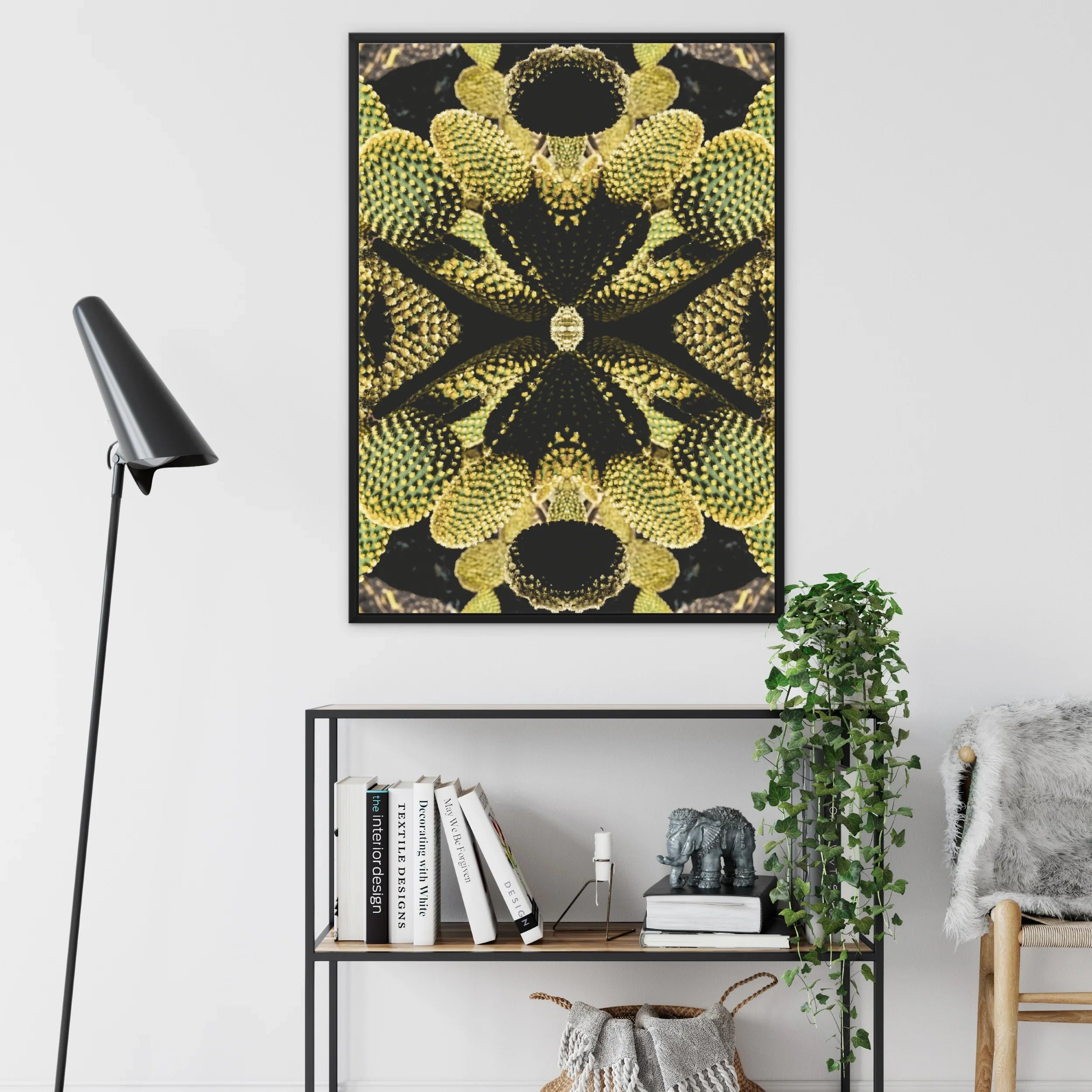Life on Mars - Succulent Botanical Op Art Framed Canvas, Framed Art Print Symmetrical Yellow Black Floral Kaleidoscope