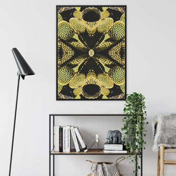 Life on Mars - Succulent Botanical Op Art Framed Canvas, Framed Art Print Symmetrical Yellow Black Floral Kaleidoscope