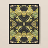 Life on Mars - Succulent Botanical Op Art Framed Canvas, Symmetrical Kaleidoscopic Pattern Yellow-green Spiky Shapes Dark Background