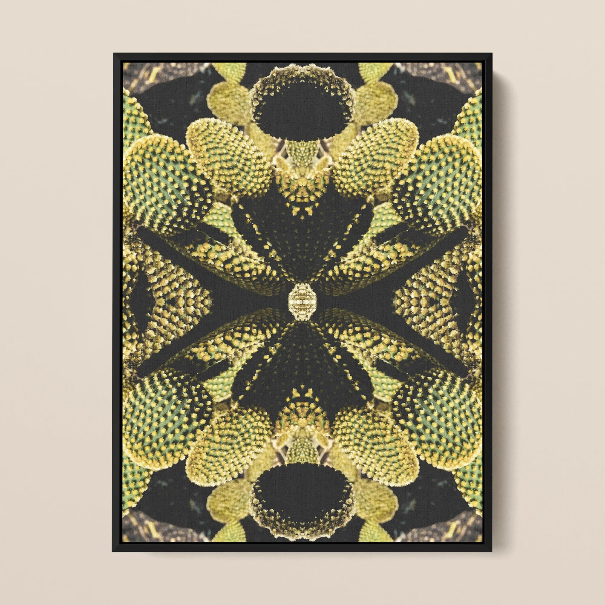 Life on Mars - Succulent Botanical Op Art Framed Canvas, Symmetrical Kaleidoscopic Pattern Yellow-green Spiky Shapes Dark Background