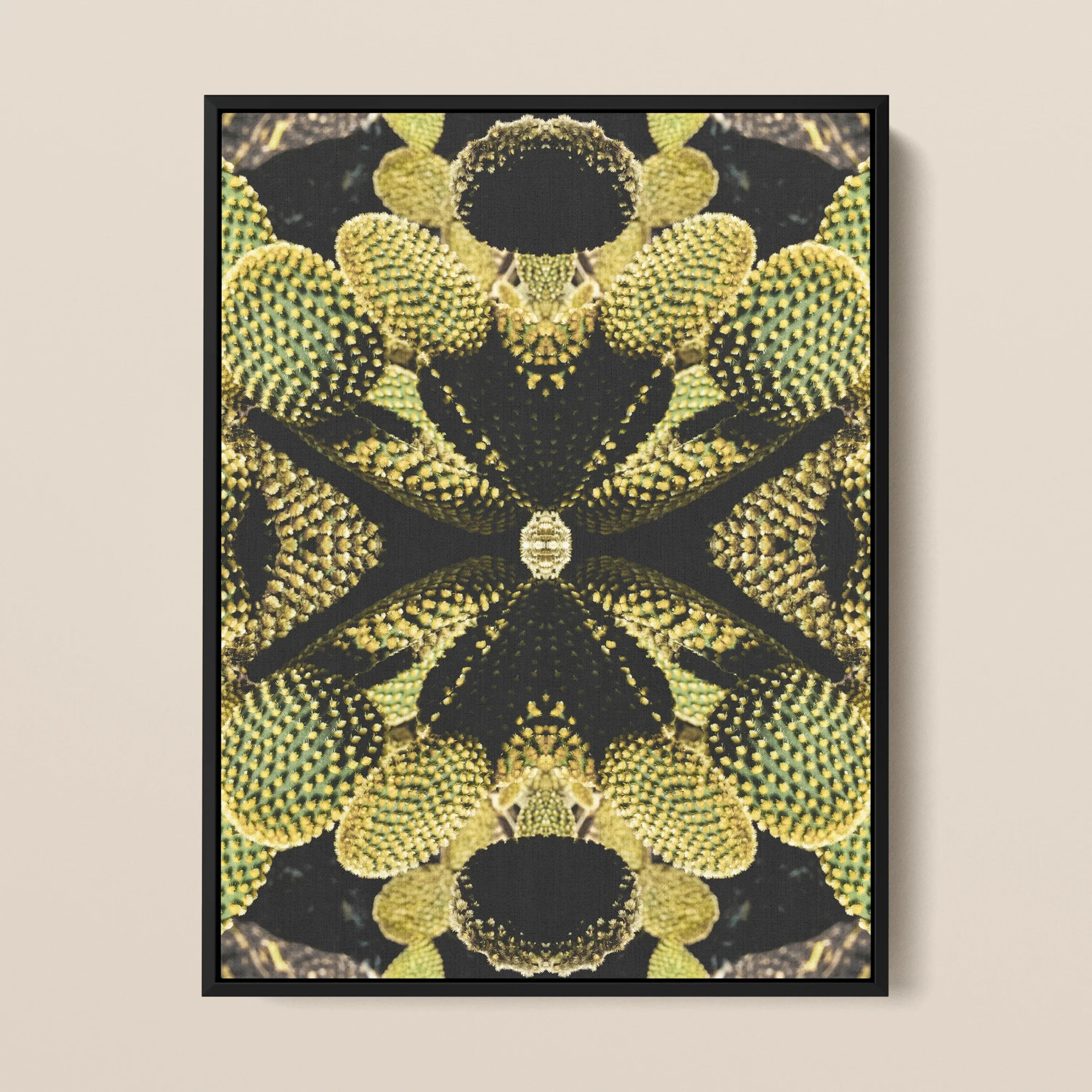 Life on Mars - Succulent Botanical Op Art Framed Canvas, Symmetrical Kaleidoscopic Pattern Yellow-green Spiky Shapes Dark Background