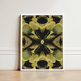 Framed Artwork Symmetrical Kaleidoscopic Pattern Green Cacti Black Reign Supreme, Trippy Botanical Succulent, Xeriscape Odyssey