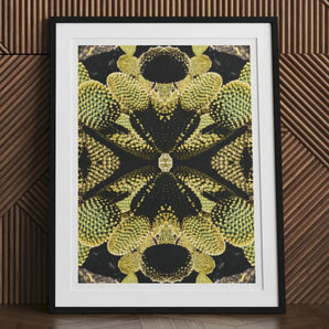 Life on Mars - Trippy Botanical Op Art Print, Framed Artwork Symmetrical Pattern Cactus-like Shapes Yellow Green