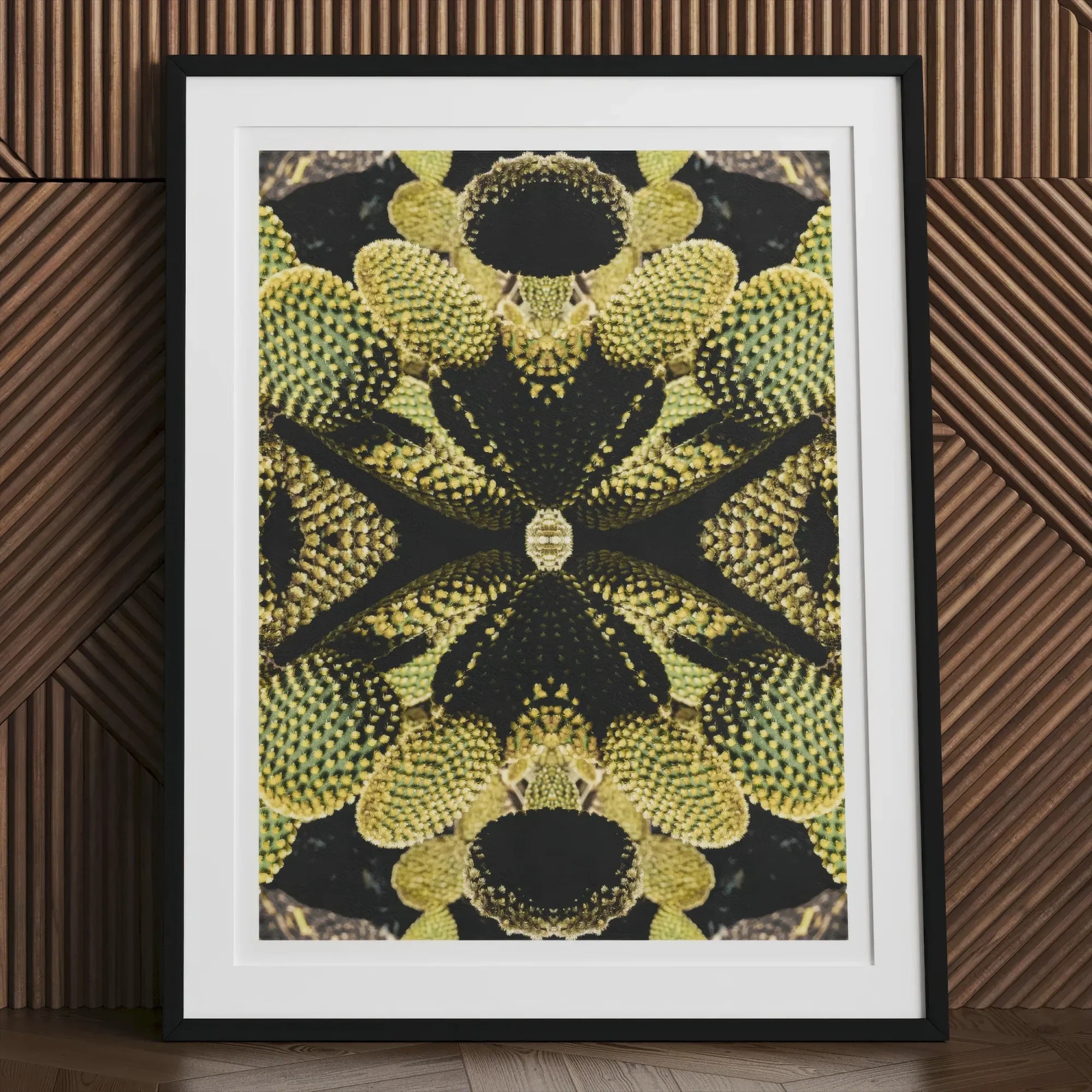 Life on Mars - Trippy Botanical Op Art Print, Framed Artwork Symmetrical Pattern Cactus-like Shapes Yellow Green