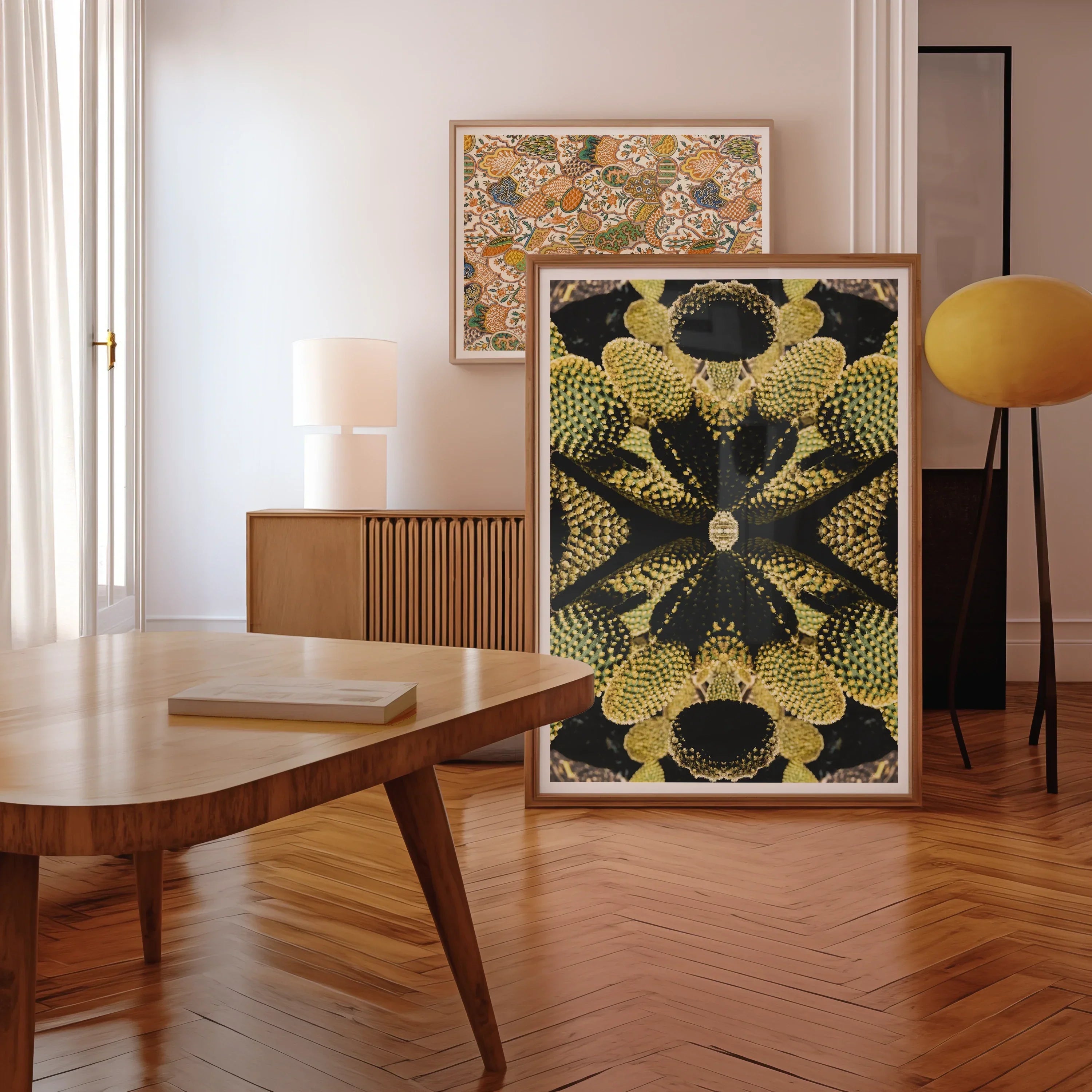 Life on Mars Trippy Botanical Op Art Print, Framed Artwork Symmetrical Pattern Yellow Black Sunflower Like Shapes