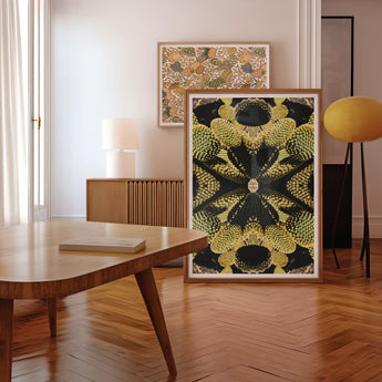 Life on Mars - Trippy Botanical Op Art Print, Framed Artwork Symmetrical Pattern Yellow Black Sunflower-like Shapes