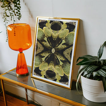 Life on Mars - Trippy Botanical Op Art Print, Framed Artwork Symmetrical Yellow Black Floral Geometric Pattern