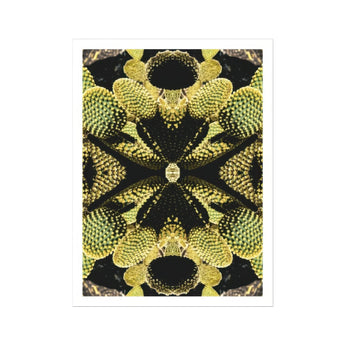 Life on Mars - Trippy Botanical Op Art Print, Kaleidoscopic Pattern Black Yellow Geometric Shapes Arranged Symmetrical