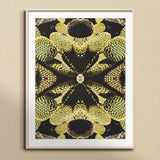 Life on Mars - Trippy Botanical Op Art Print, Symmetrical Kaleidoscopic Pattern Black Yellow Geometric Shapes Floral-like